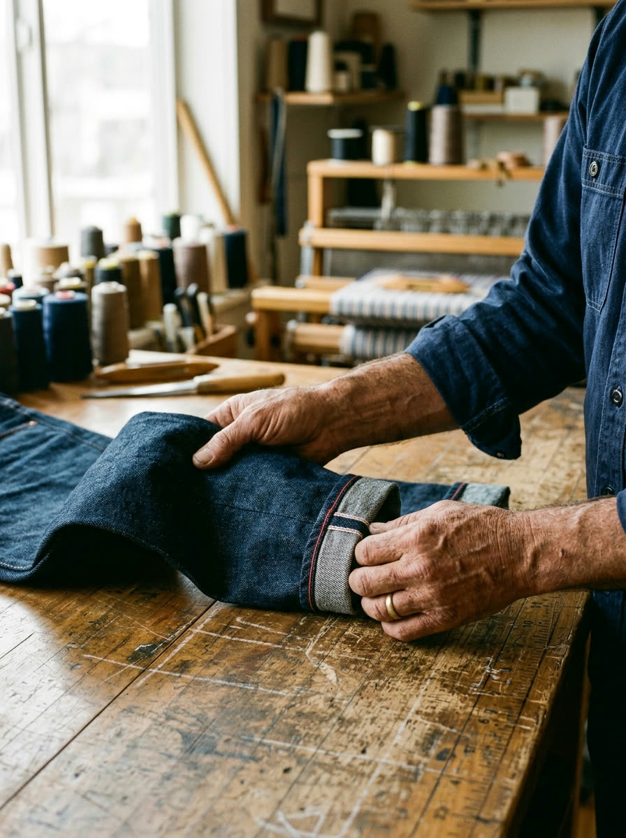 Inspecting a pair of selvedge jeans
