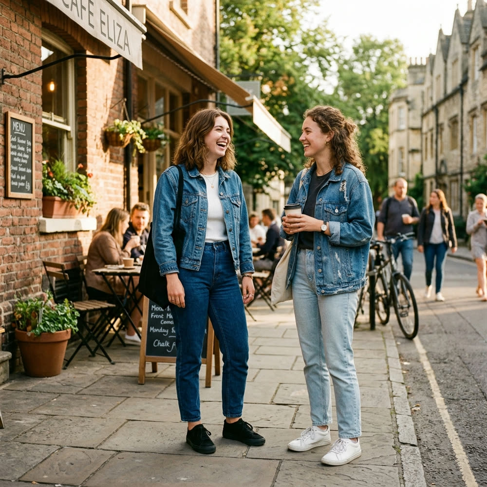 Denim jackets outside a cafe
