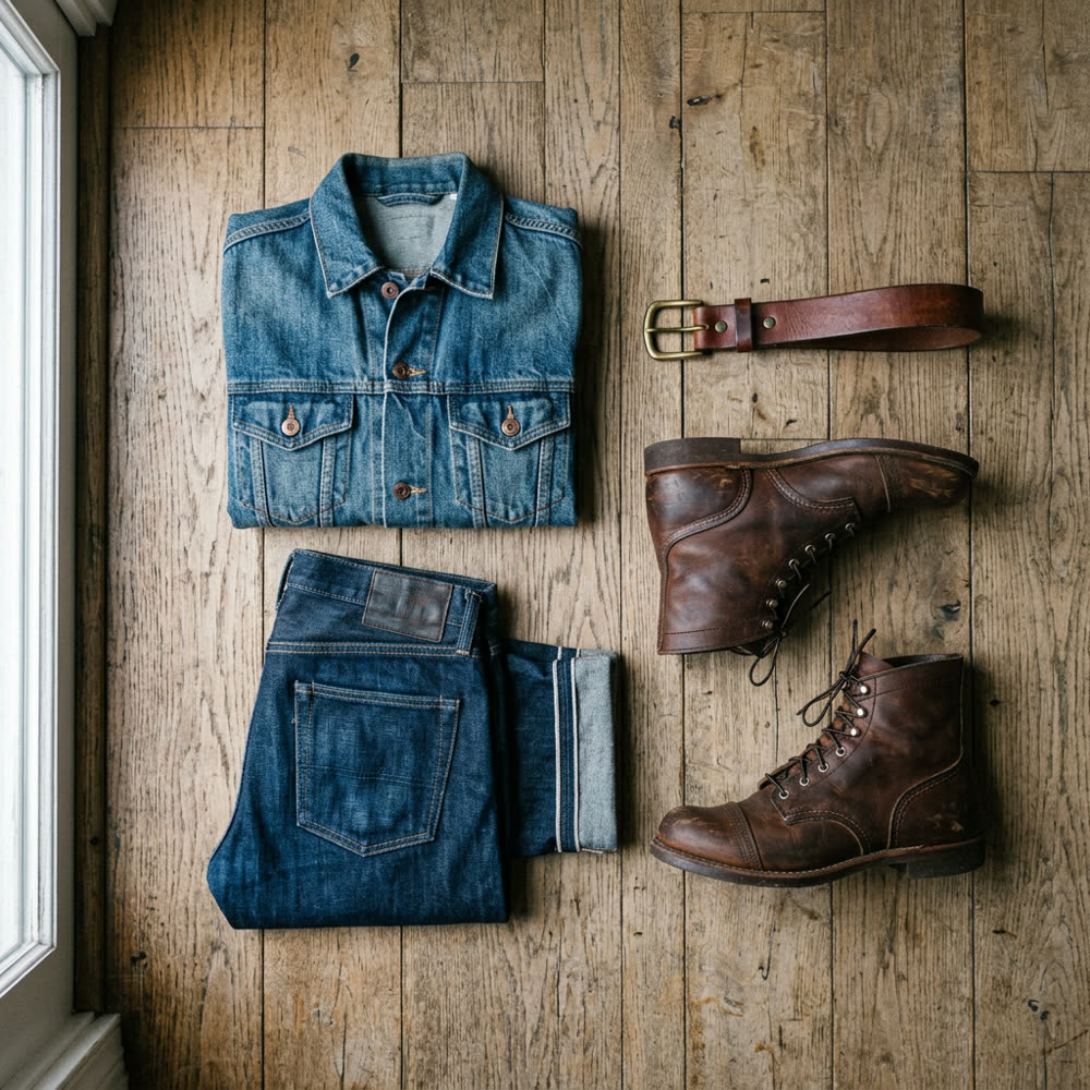 Full denim outfit flat lay